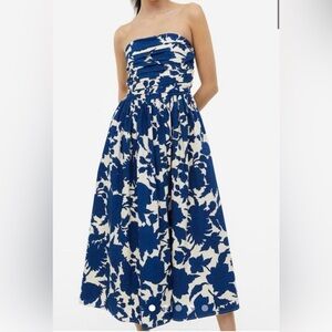 H&M Strapless Bandeau Blue and White Floral Midi Dress